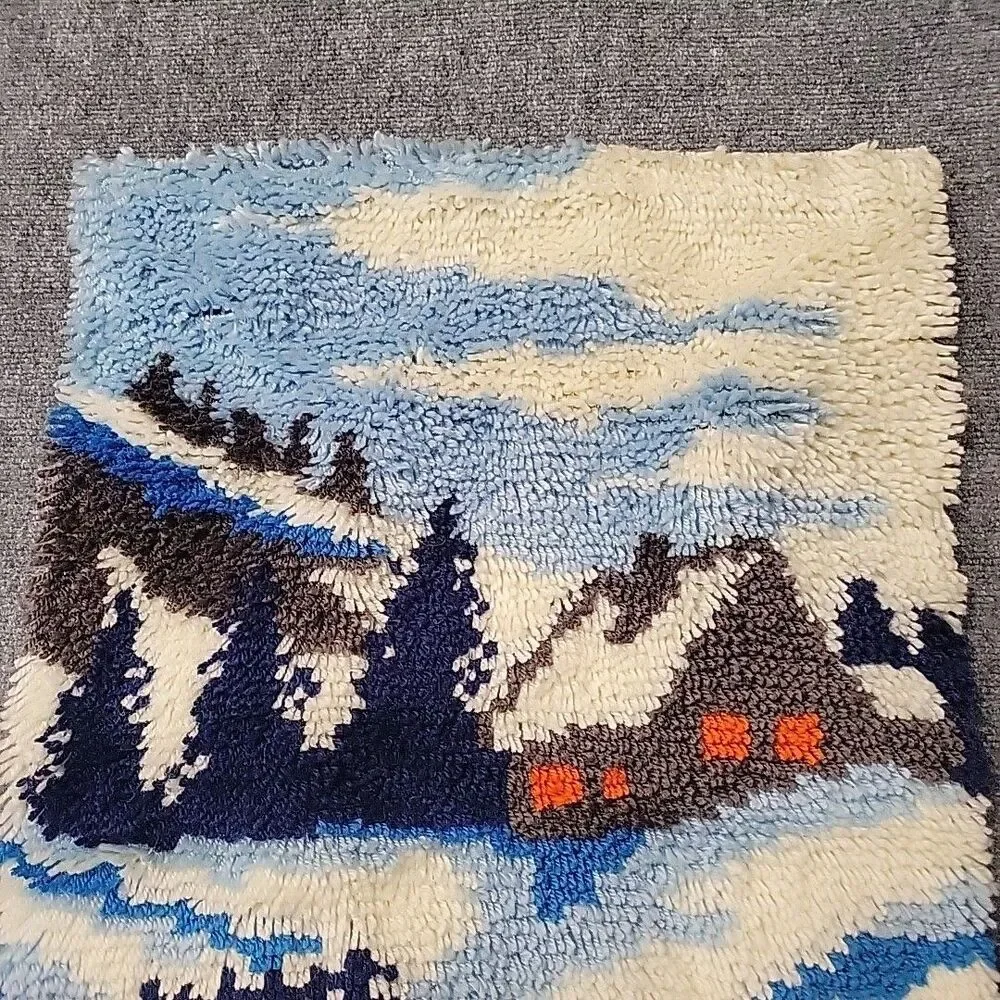 VTG Snow Landacape Latch Hook Wall Hanging Cottage Winter Kitsch 27” x 19”